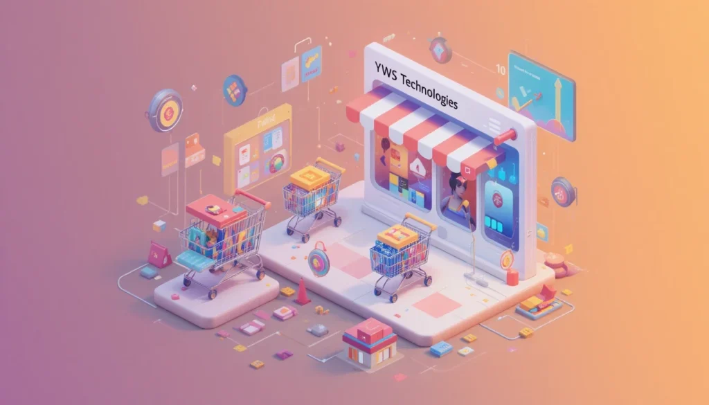 Isometric WooCommerce store illustration with YWS Technologies branding