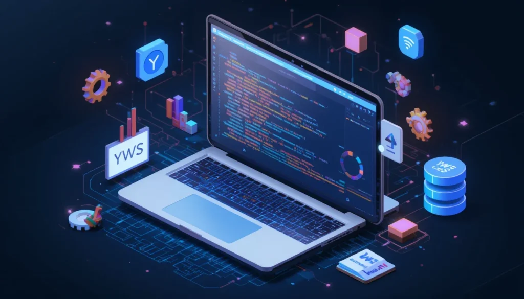 Isometric coding scene for WordPress plugin development with YWS Technologies branding
