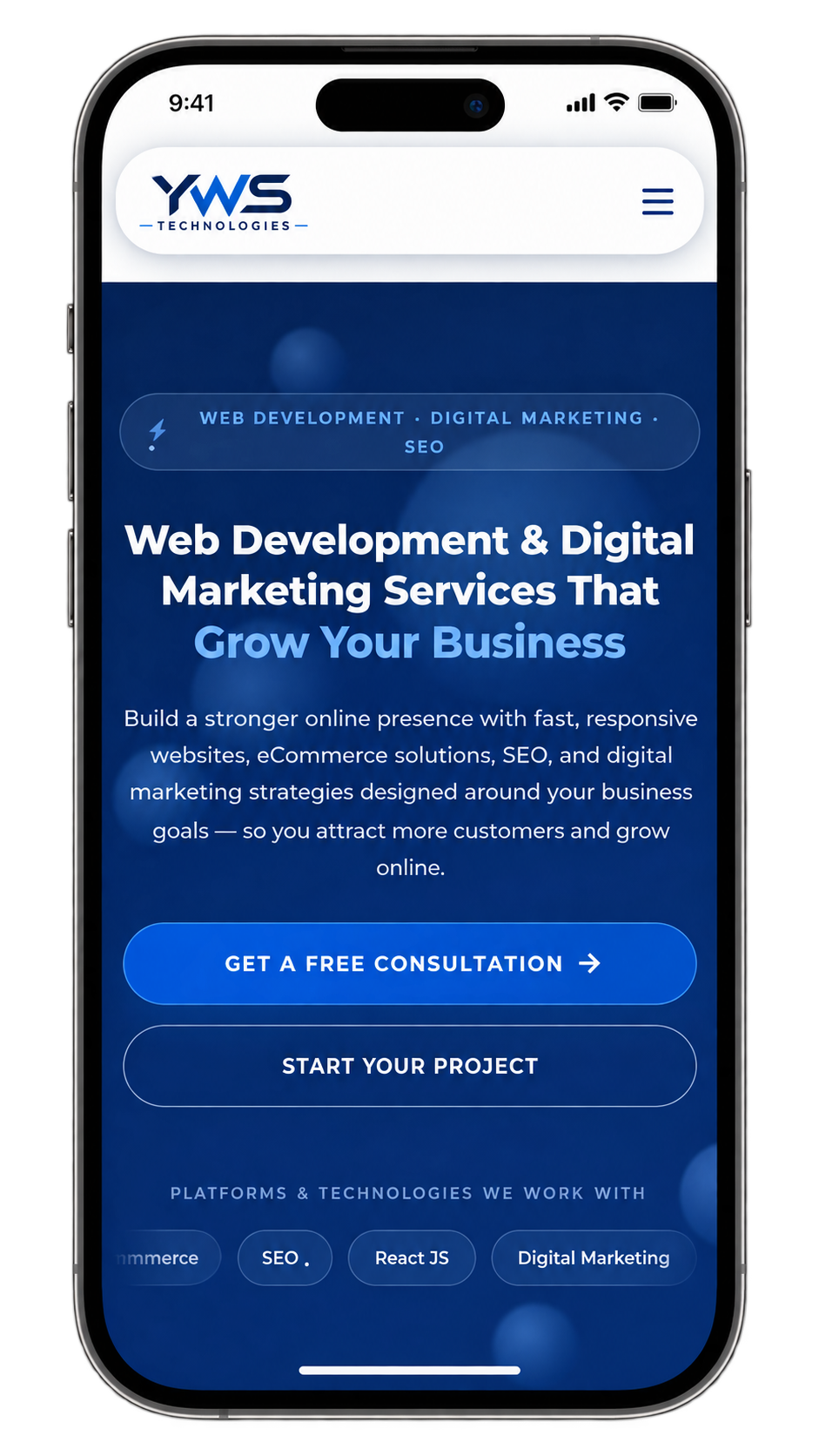 YWS Technologies website and app on mobile