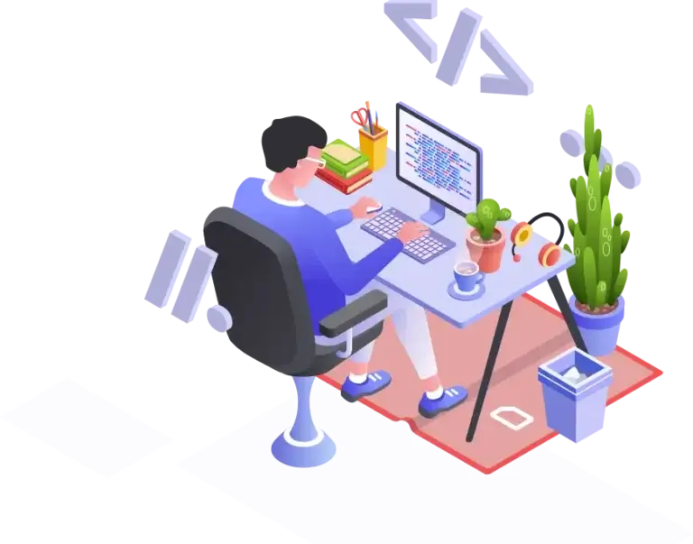 A-front-end-web-developer-coding-at-a-modern-workspace-with-books-plants-and-a-computer-screen-displaying-code-–-YWS-Technologies