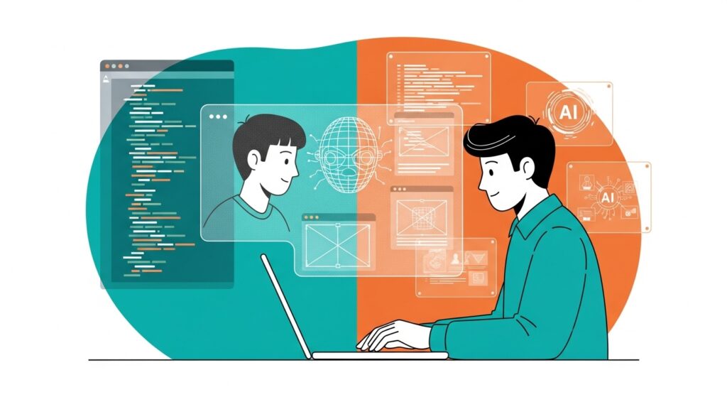Illustration of a web developer coding with AI interface suggesting code and design.Taking a question in mind Will AI Replace Web Developers