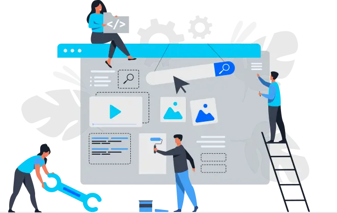 Team of web developers and designers building a website interface with coding, graphics, search bar, and optimization tools