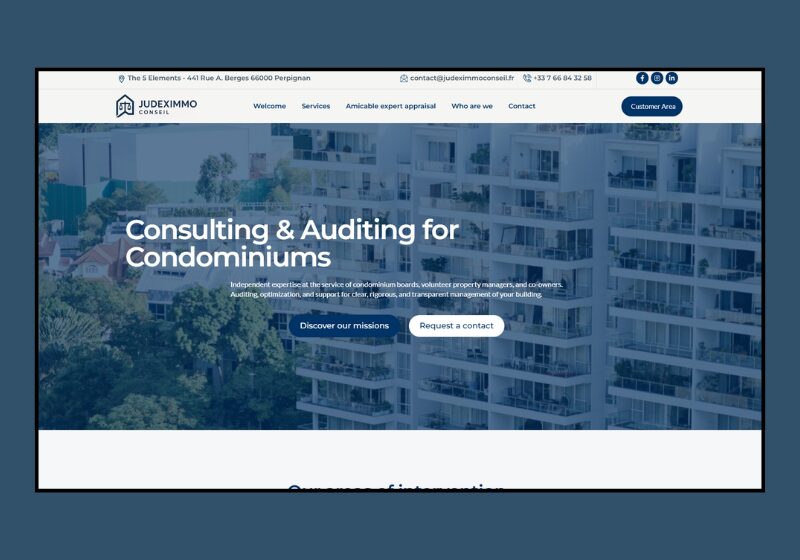 Capture d'écran du site Judeximmo Conseil, site web professionnel pour audit de copropriété et conseil indépendant en France